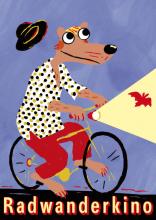 Ein Hund, der Fahrrad fährt im Dunkeln. im Scheinwerferlicht ist eine Fledermaus zu sehen.