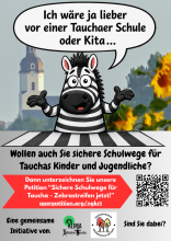 Plakat mit einem Zebra, das sagt in einer Sprechblase: Ich wäre ja lieber vor einer Tauchaer Schule oder Kita...